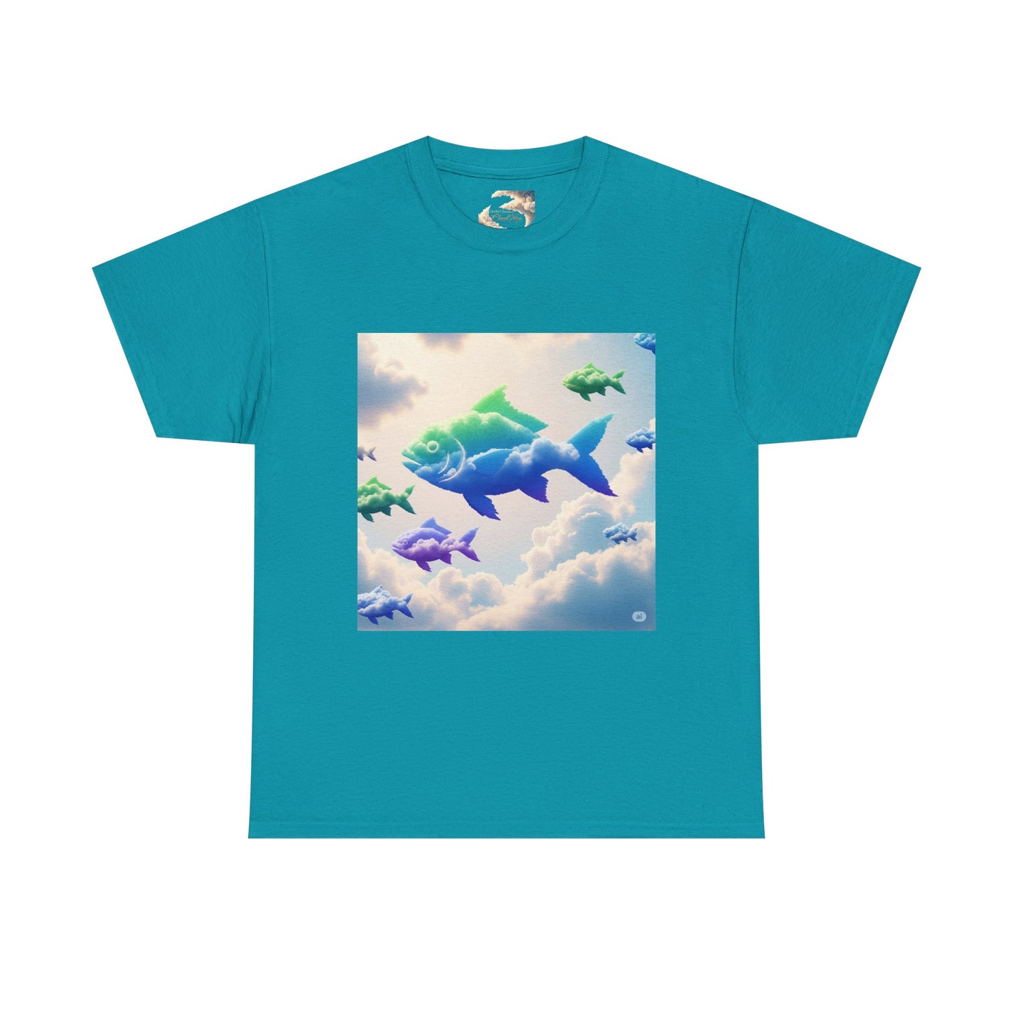 Colorful Fish Clouds Unisex Heavy Cotton Tee, Casual Shirt, Summer Apparel, Gift for Ocean Lovers, Trendy Fishing T-Shirt
