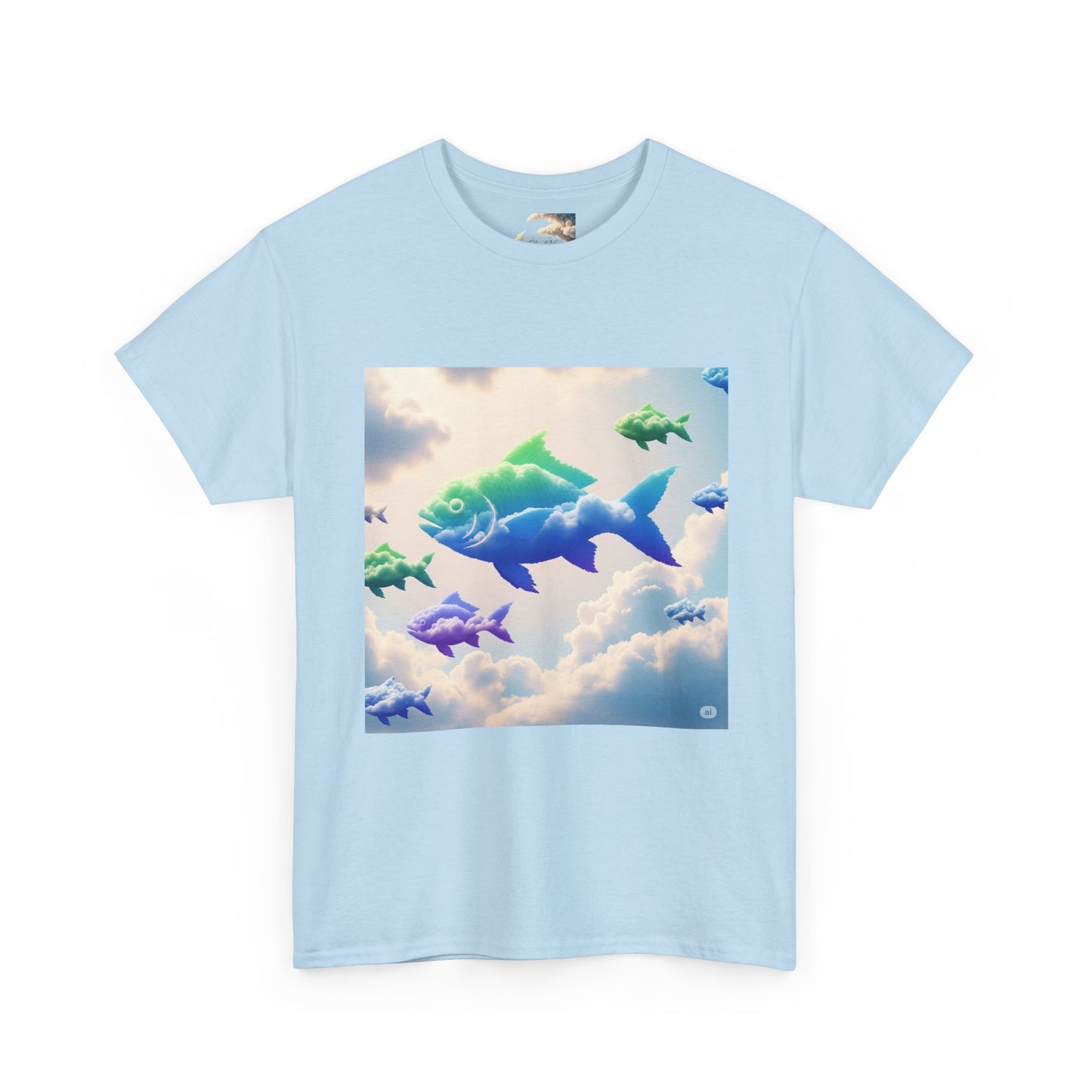 Colorful Fish Clouds Unisex Heavy Cotton Tee, Casual Shirt, Summer Apparel, Gift for Ocean Lovers, Trendy Fishing T-Shirt