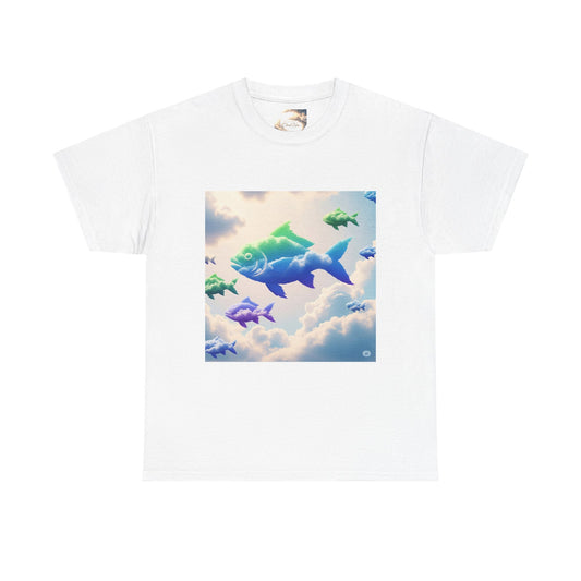 Colorful Fish Clouds Unisex Heavy Cotton Tee, Casual Shirt, Summer Apparel, Gift for Ocean Lovers, Trendy Fishing T-Shirt