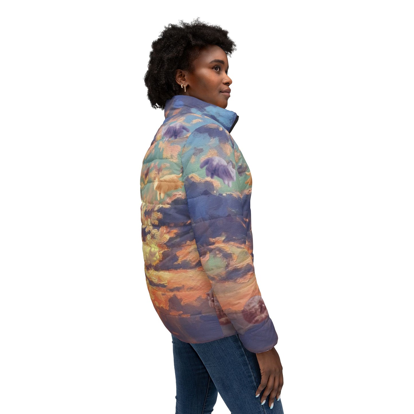 Sunset Sky Puffer Jacket — Women's All-Over Cloud Print