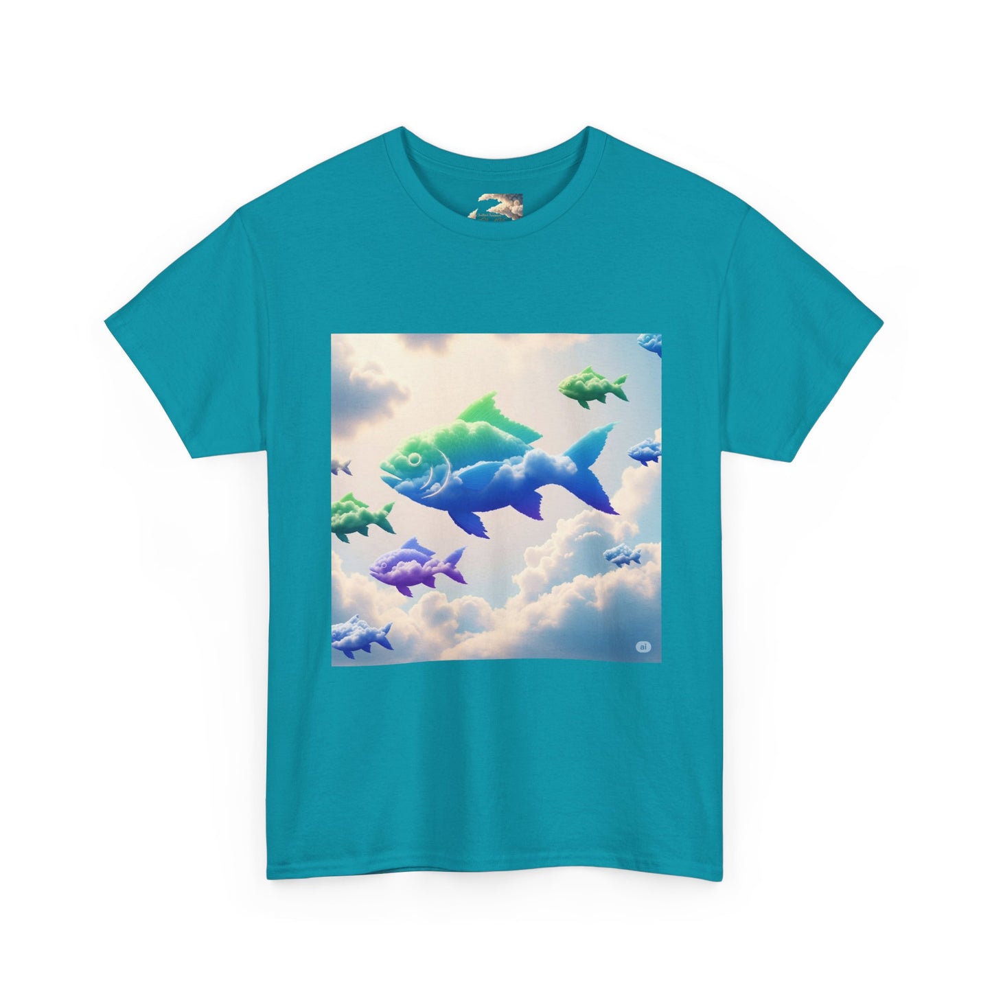 Colorful Fish Clouds Unisex Heavy Cotton Tee, Casual Shirt, Summer Apparel, Gift for Ocean Lovers, Trendy Fishing T-Shirt