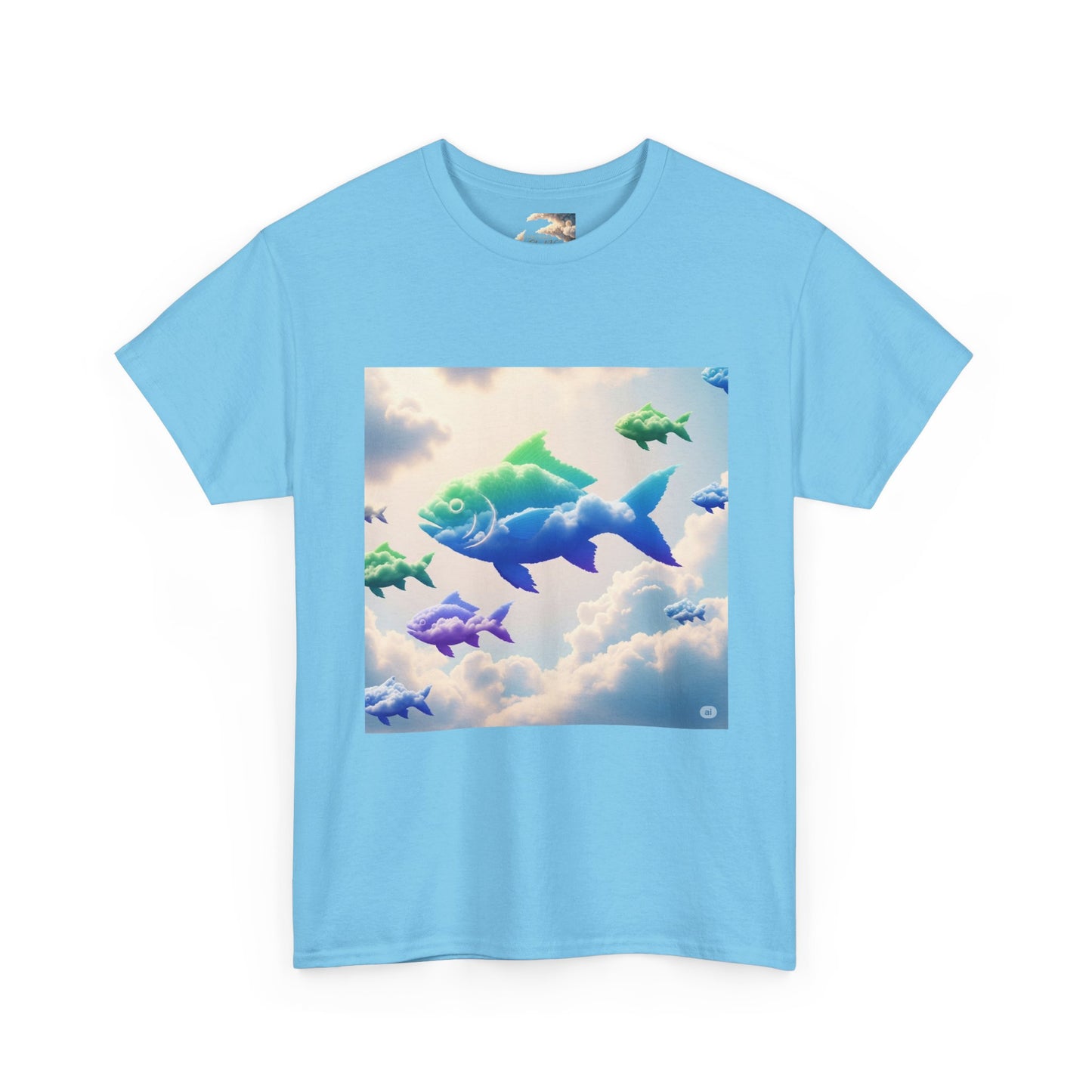 Colorful Fish Clouds Unisex Heavy Cotton Tee, Casual Shirt, Summer Apparel, Gift for Ocean Lovers, Trendy Fishing T-Shirt