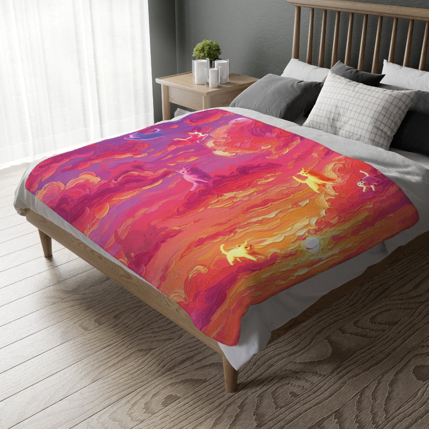 Whimsical Cat Blanket - Cozy Velveteen Microfiber Blanket, Pet Lover Gift, Home Decor, Cat Art, Colorful Throw, Birthday Present