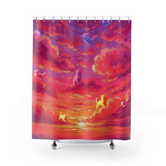 Whimsical Cloud Kitty Shower Curtain, Magical Sunset Bathroom Decor, Colorful Home Accessory, Gift for Kids, Dreamy Cloud Design