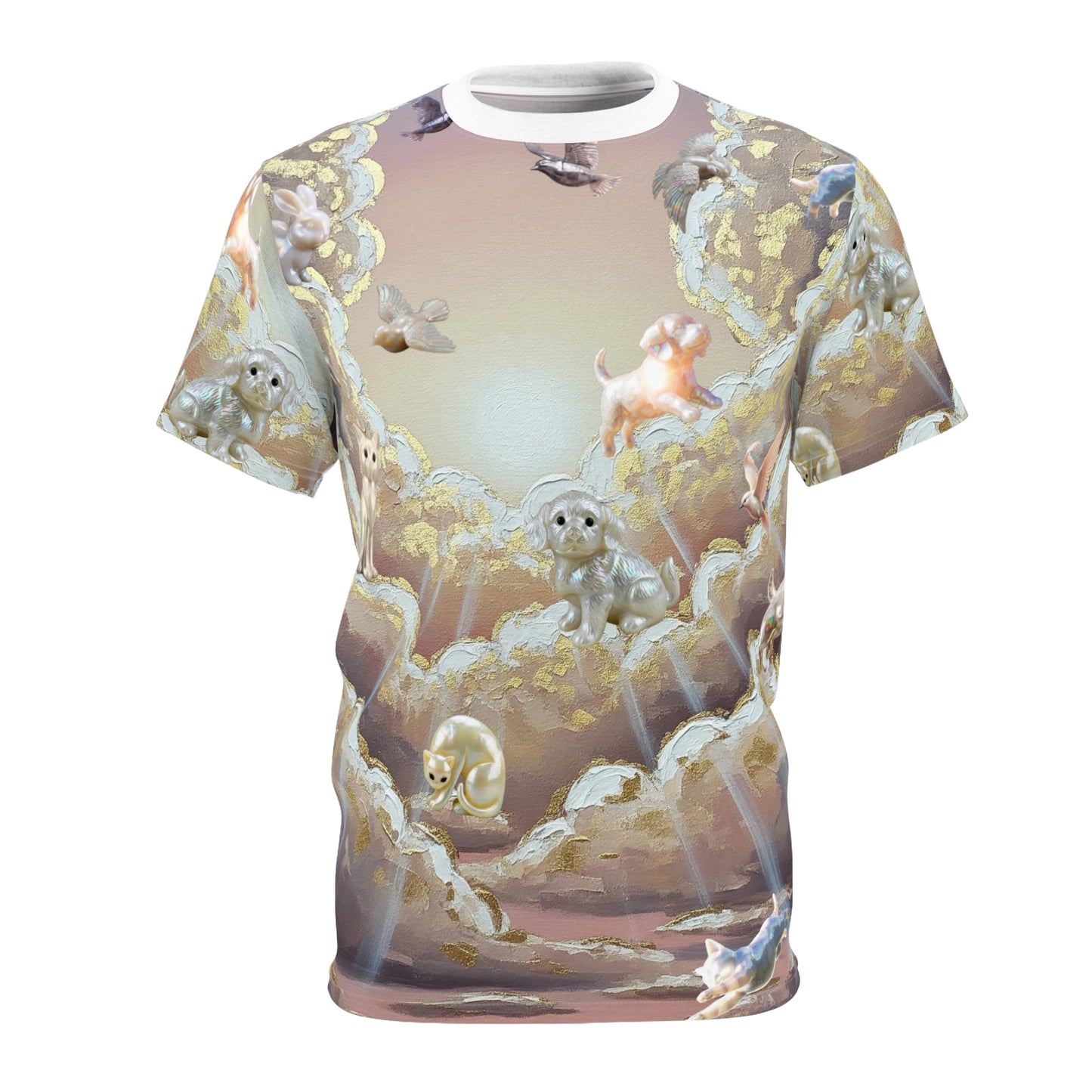 Mother of Pearl Kitties and Puppies in Paradise, Champagne Colored Sunset Unisex Tee, Wedding Honeymoon Tee, Cute Animal Print T-Shirt, Casual Top, Gift for Pet Lovers, Dreamy Nature Shirt