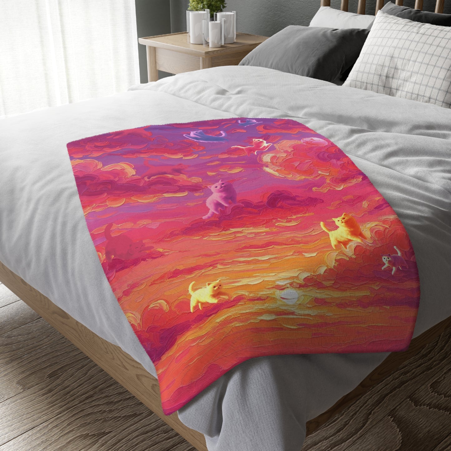 Whimsical Cat Blanket - Cozy Velveteen Microfiber Blanket, Pet Lover Gift, Home Decor, Cat Art, Colorful Throw, Birthday Present