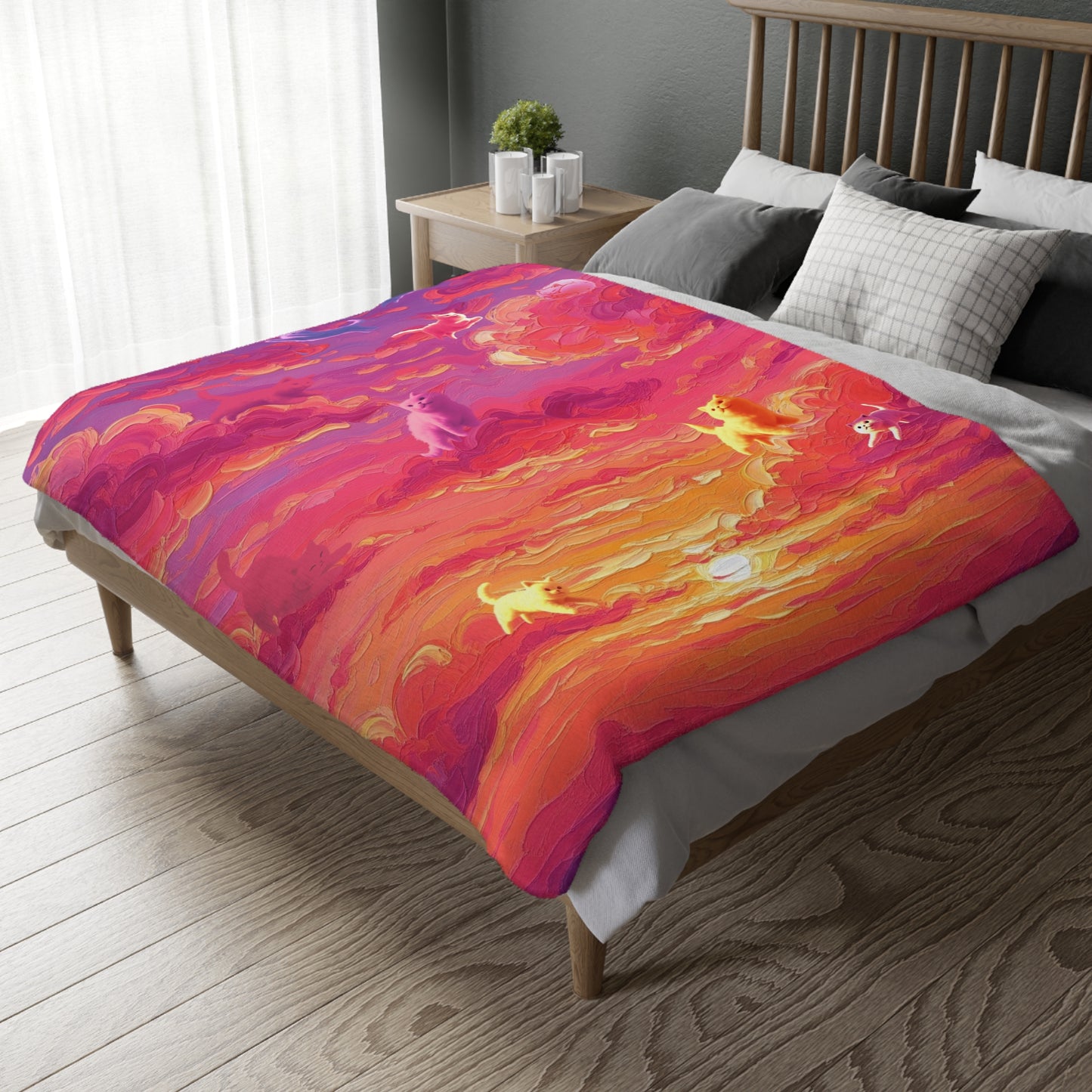 Whimsical Cat Blanket - Cozy Velveteen Microfiber Blanket, Pet Lover Gift, Home Decor, Cat Art, Colorful Throw, Birthday Present