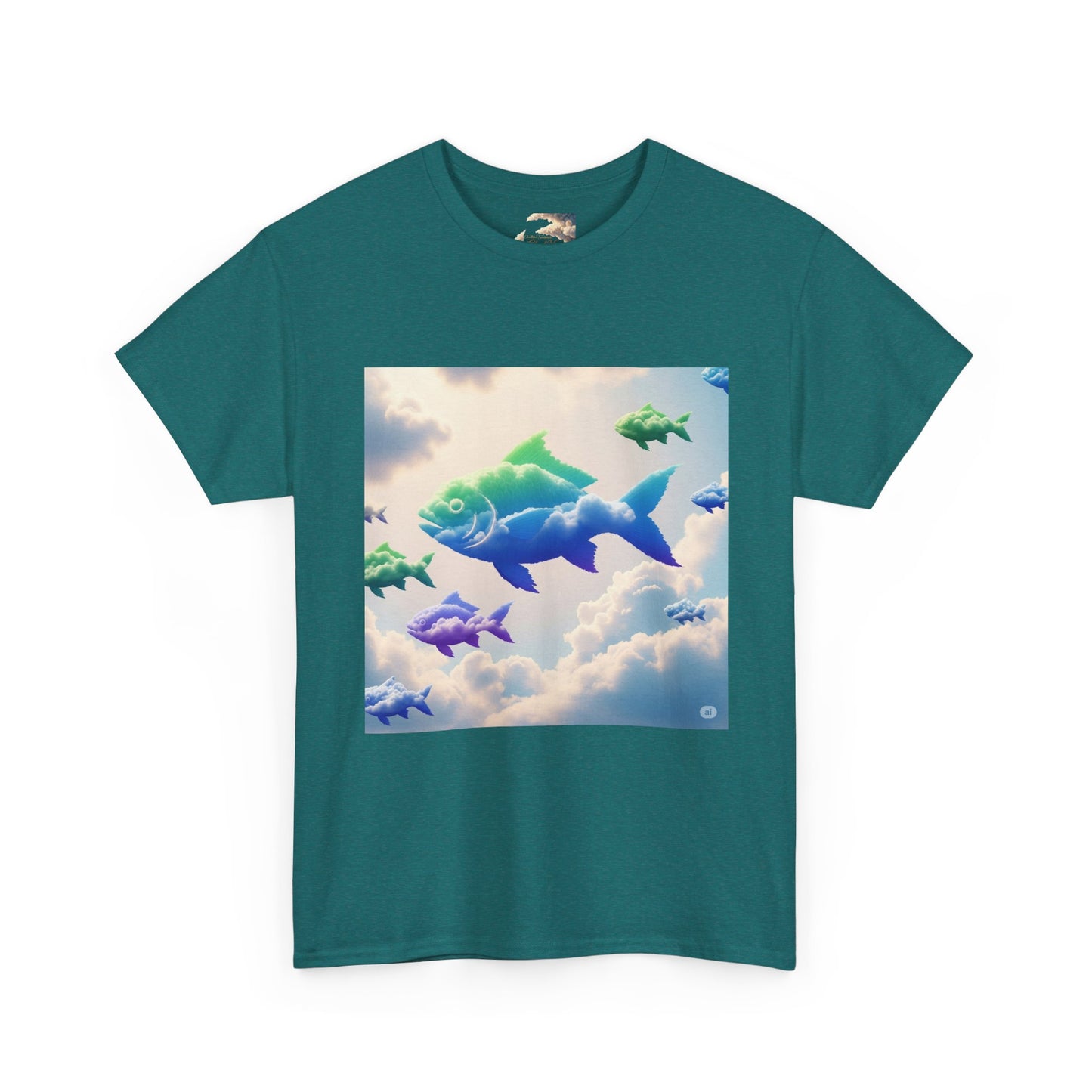 Colorful Fish Clouds Unisex Heavy Cotton Tee, Casual Shirt, Summer Apparel, Gift for Ocean Lovers, Trendy Fishing T-Shirt