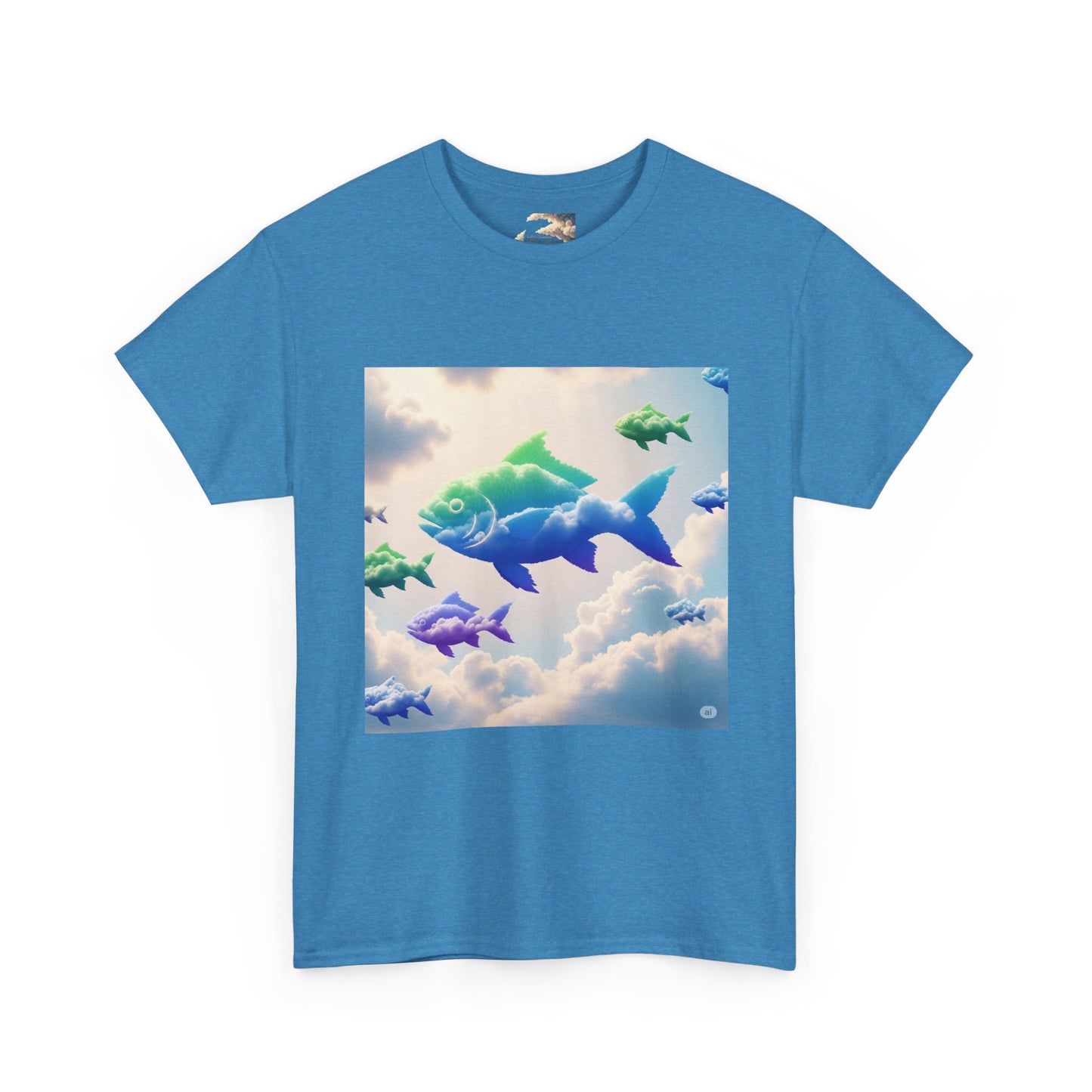 Colorful Fish Clouds Unisex Heavy Cotton Tee, Casual Shirt, Summer Apparel, Gift for Ocean Lovers, Trendy Fishing T-Shirt