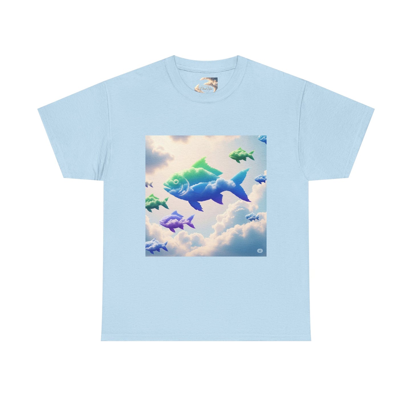 Colorful Fish Clouds Unisex Heavy Cotton Tee, Casual Shirt, Summer Apparel, Gift for Ocean Lovers, Trendy Fishing T-Shirt