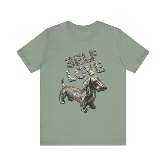 Self Love Abalone Dachshund Tee, Unisex Jersey Short Sleeve Dog Shirt, Pet Lover Gift, Self-Acceptance Outfit, Casual Wear, Positive Affirmation Tee