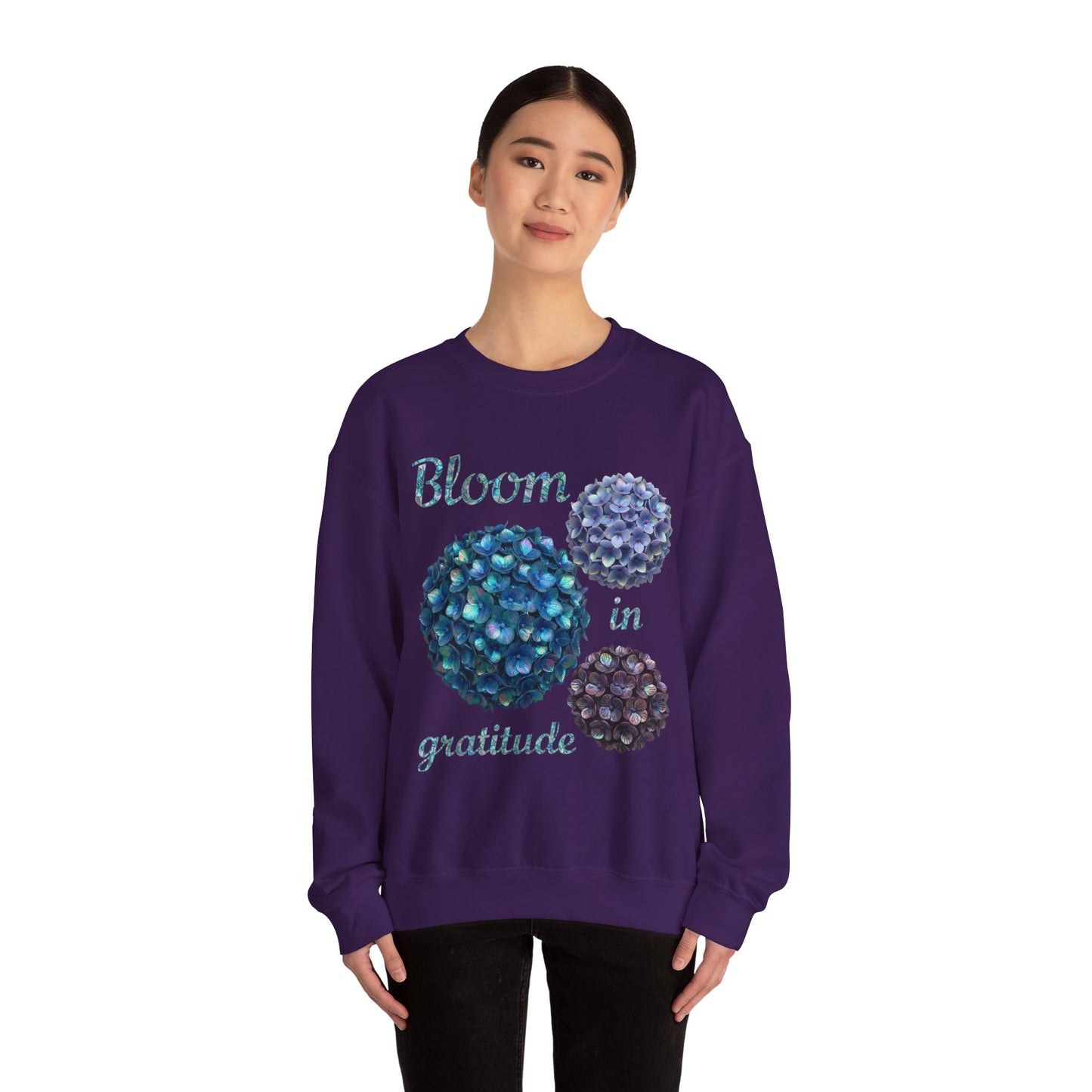 Bloom in Gratitude Abalone Hydrangea Crewneck Sweatshirt | Cozy Gift for Friends, Inspirational Apparel, Birthday Gift