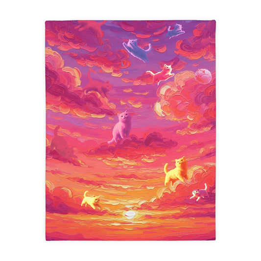 Whimsical Cat Blanket - Cozy Velveteen Microfiber Blanket, Pet Lover Gift, Home Decor, Cat Art, Colorful Throw, Birthday Present