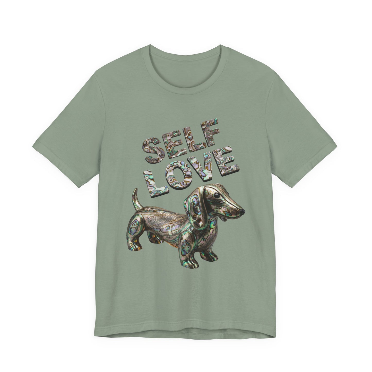 Self Love Abalone Dachshund Tee, Unisex Jersey Short Sleeve Dog Shirt, Pet Lover Gift, Self-Acceptance Outfit, Casual Wear, Positive Affirmation Tee
