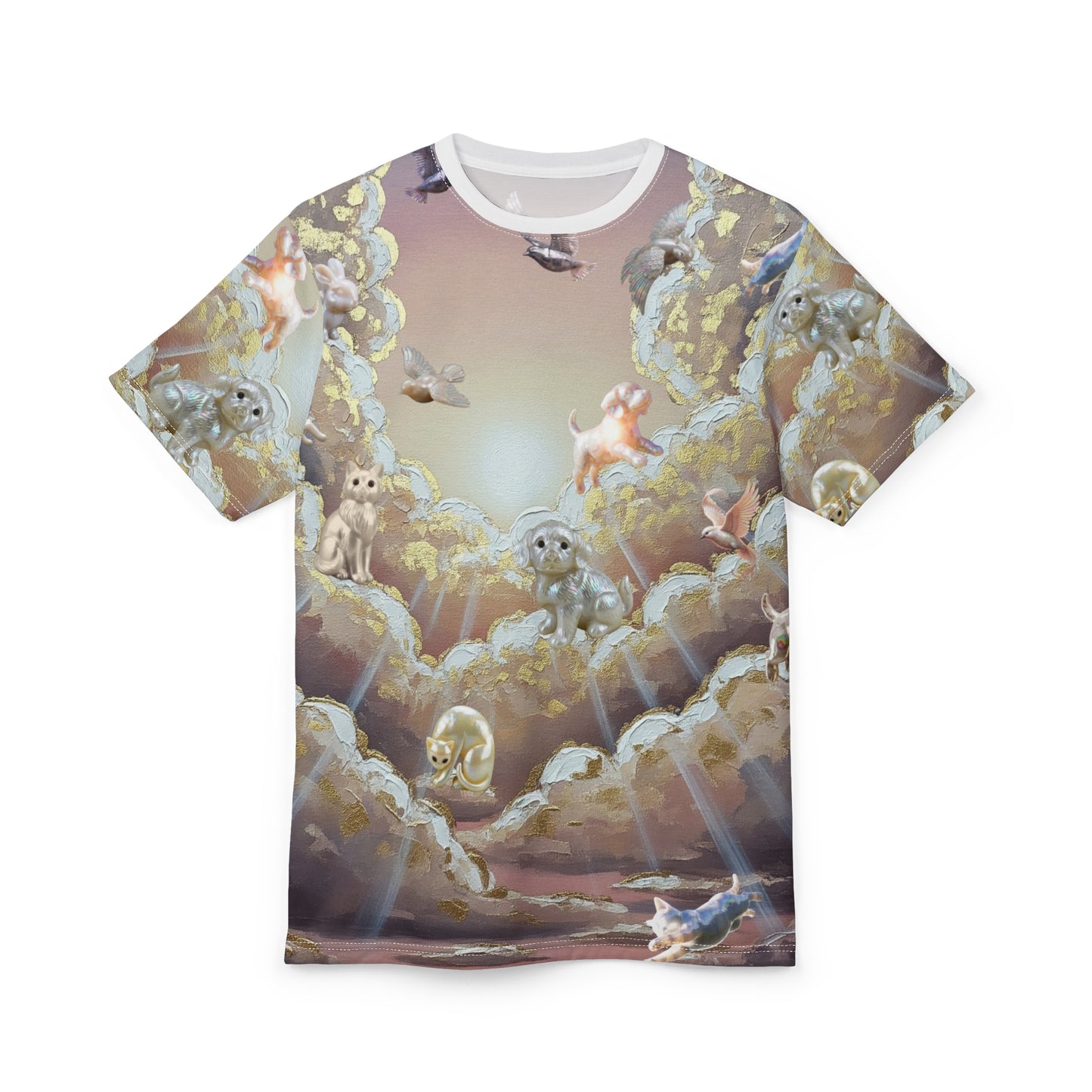 Mother of Pearl Kitties and Puppies in Paradise, Champagne Colored Sunset Unisex Tee, Wedding Honeymoon Tee, Cute Animal Print T-Shirt, Casual Top, Gift for Pet Lovers, Dreamy Nature Shirt
