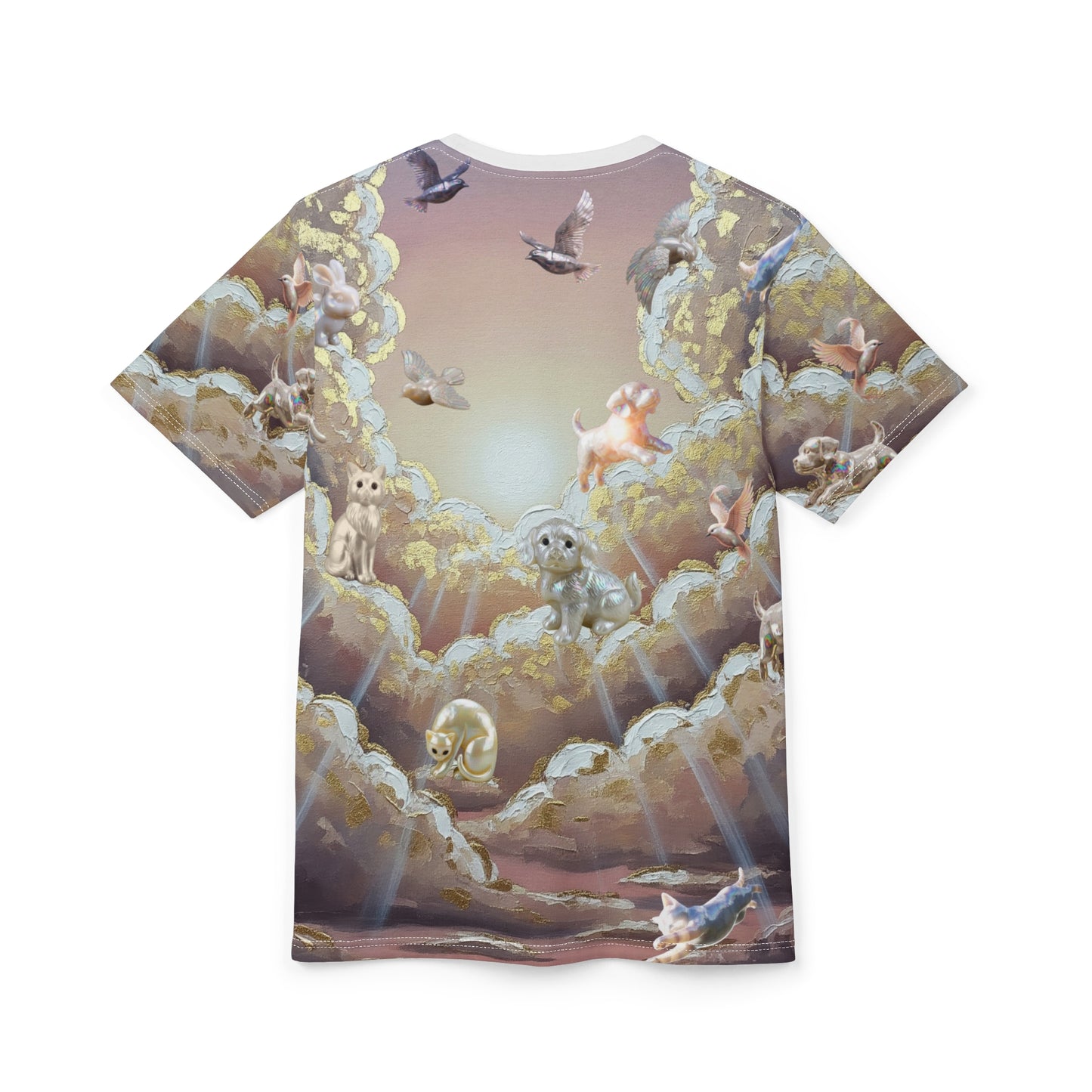 Mother of Pearl Kitties and Puppies in Paradise, Champagne Colored Sunset Unisex Tee, Wedding Honeymoon Tee, Cute Animal Print T-Shirt, Casual Top, Gift for Pet Lovers, Dreamy Nature Shirt