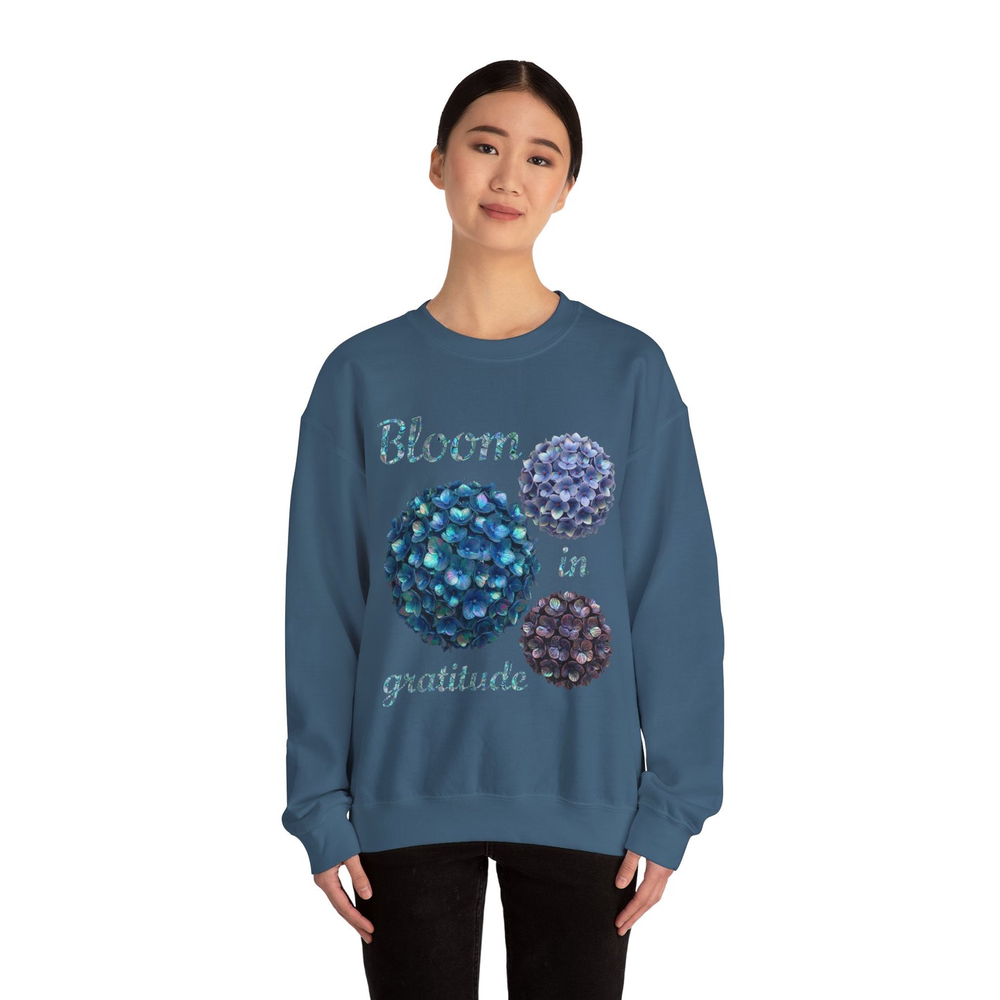 Bloom in Gratitude Abalone Hydrangea Crewneck Sweatshirt | Cozy Gift for Friends, Inspirational Apparel, Birthday Gift