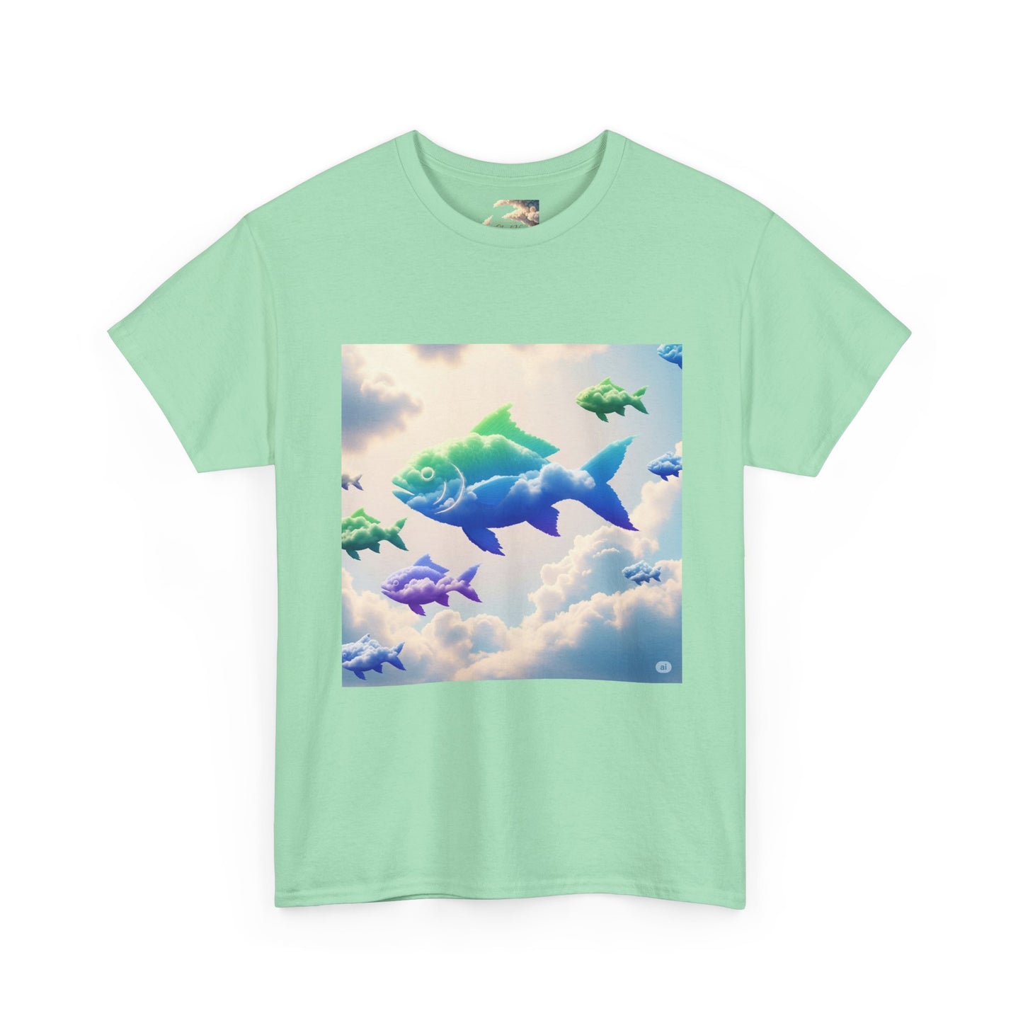 Colorful Fish Clouds Unisex Heavy Cotton Tee, Casual Shirt, Summer Apparel, Gift for Ocean Lovers, Trendy Fishing T-Shirt