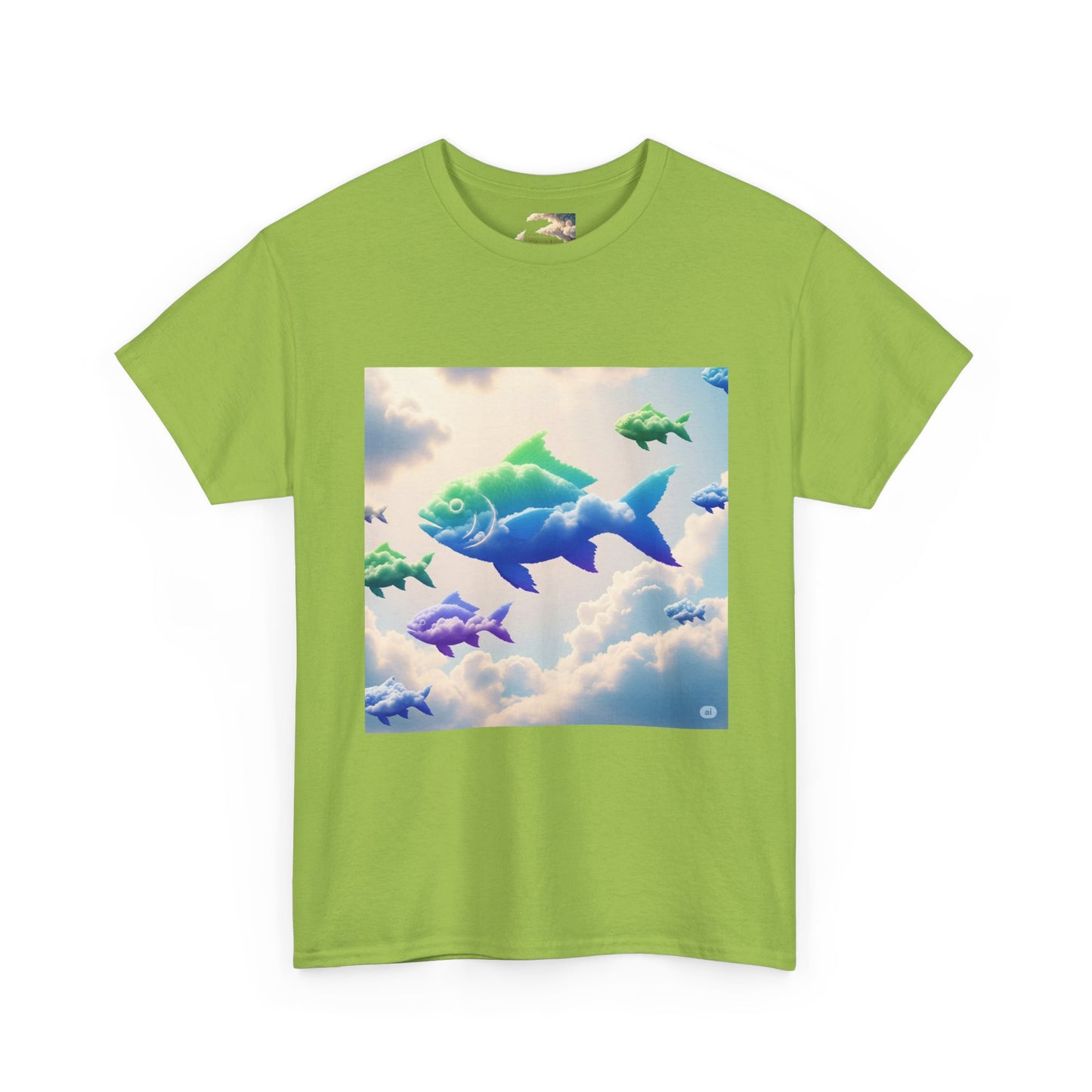 Colorful Fish Clouds Unisex Heavy Cotton Tee, Casual Shirt, Summer Apparel, Gift for Ocean Lovers, Trendy Fishing T-Shirt