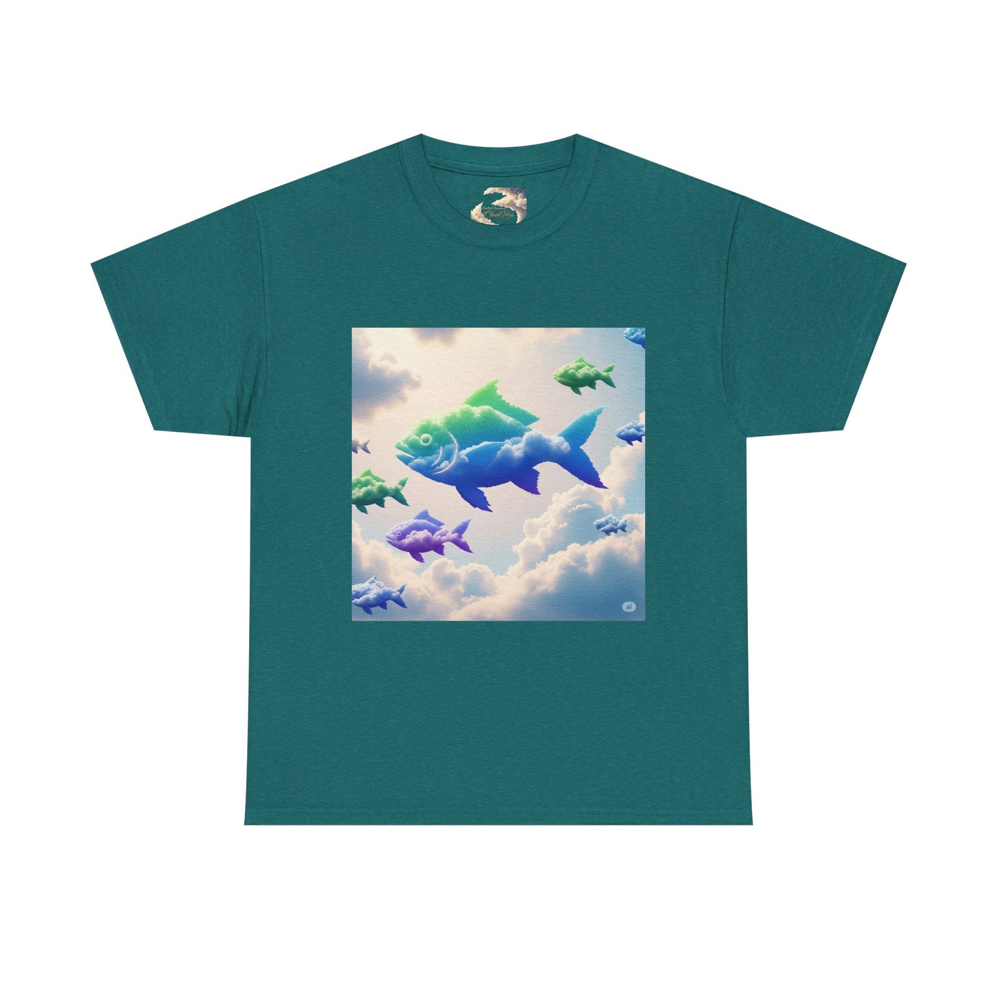 Colorful Fish Clouds Unisex Heavy Cotton Tee, Casual Shirt, Summer Apparel, Gift for Ocean Lovers, Trendy Fishing T-Shirt