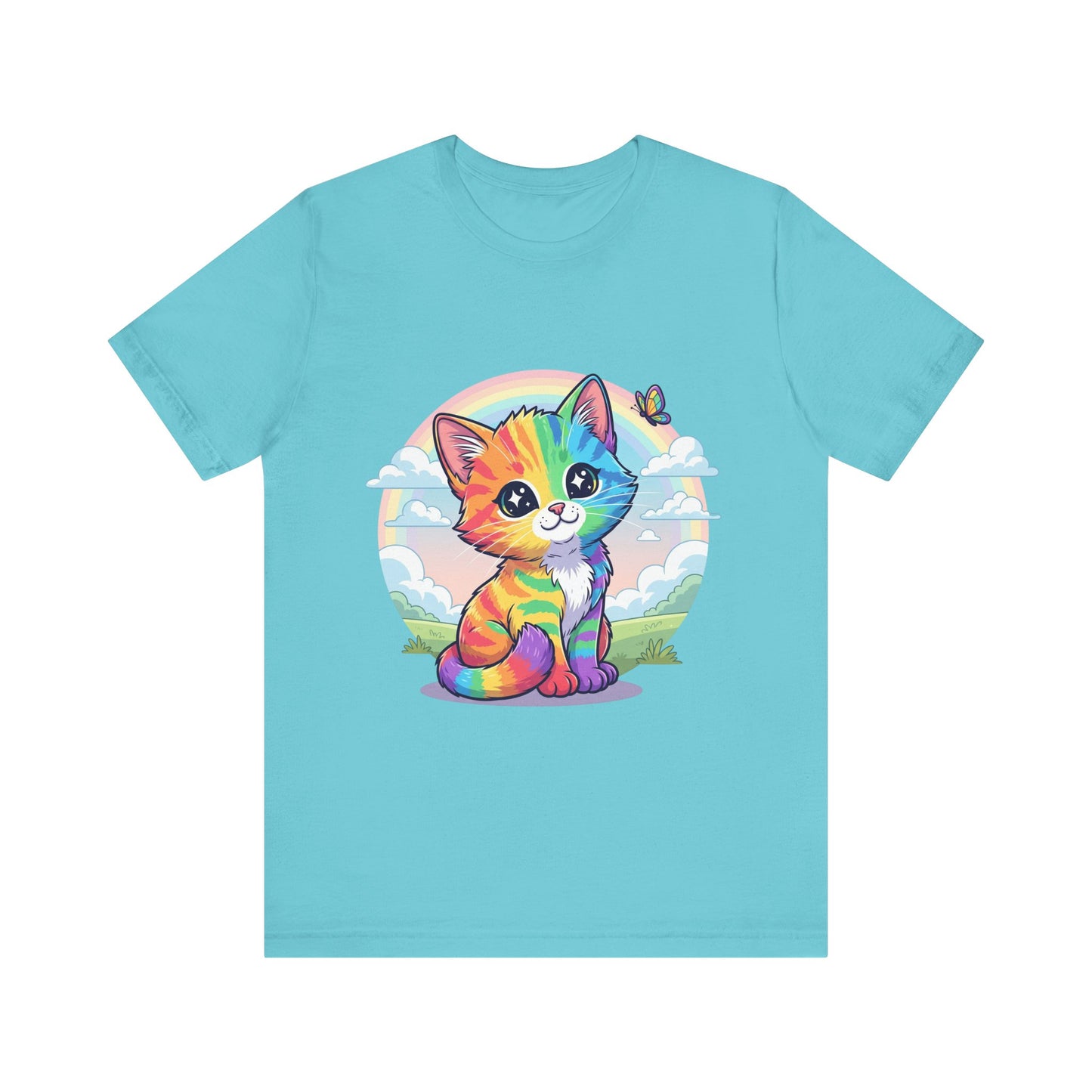 Rainbow Cat Short Sleeve Tee - Fun, Playful, Vibrant, Perfect Gift for Cat Lovers, Birthday Party, Casual Wear, Summer Style