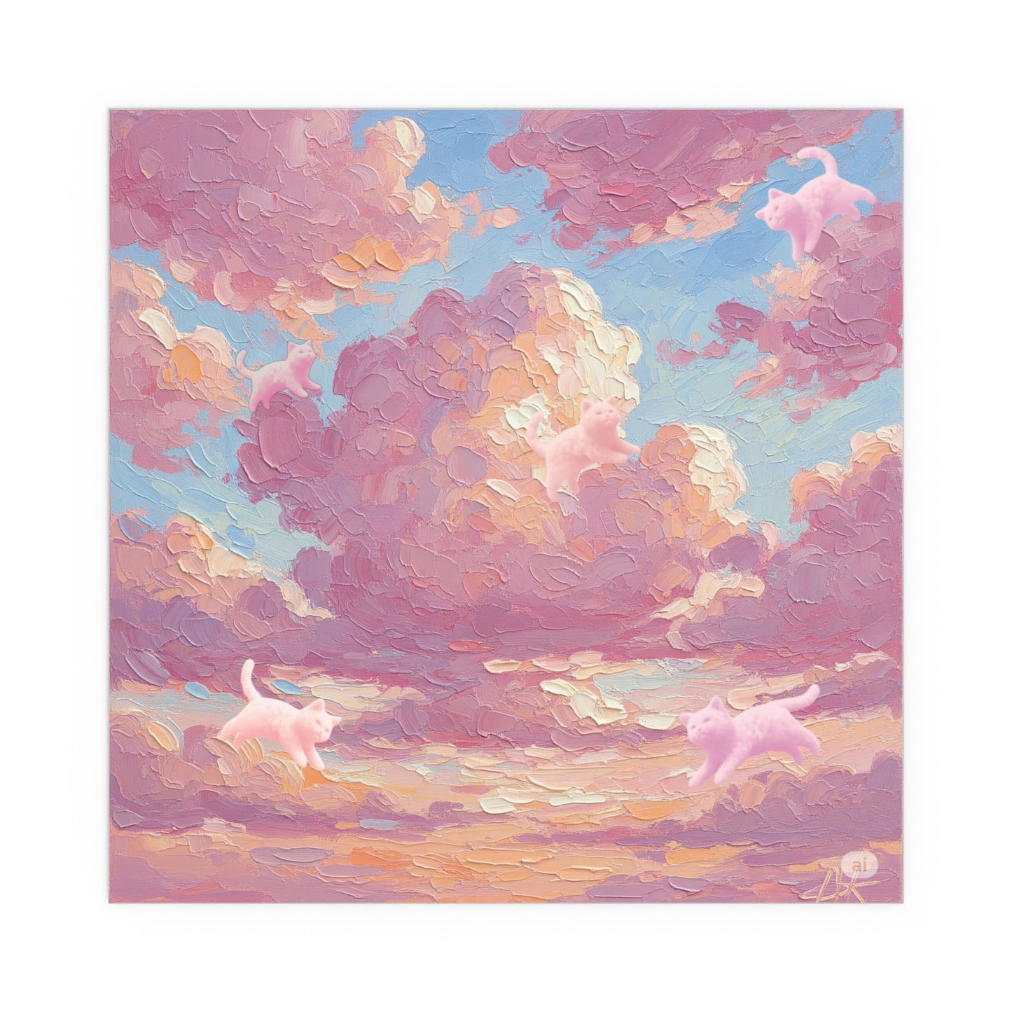 Pink Cloud Kitty Art Poster, Indoor/Outdoor Wall Decor, Silk Prints for Home, Cat Lovers Gift, Boho Aesthetic Art Whimsical Treasures