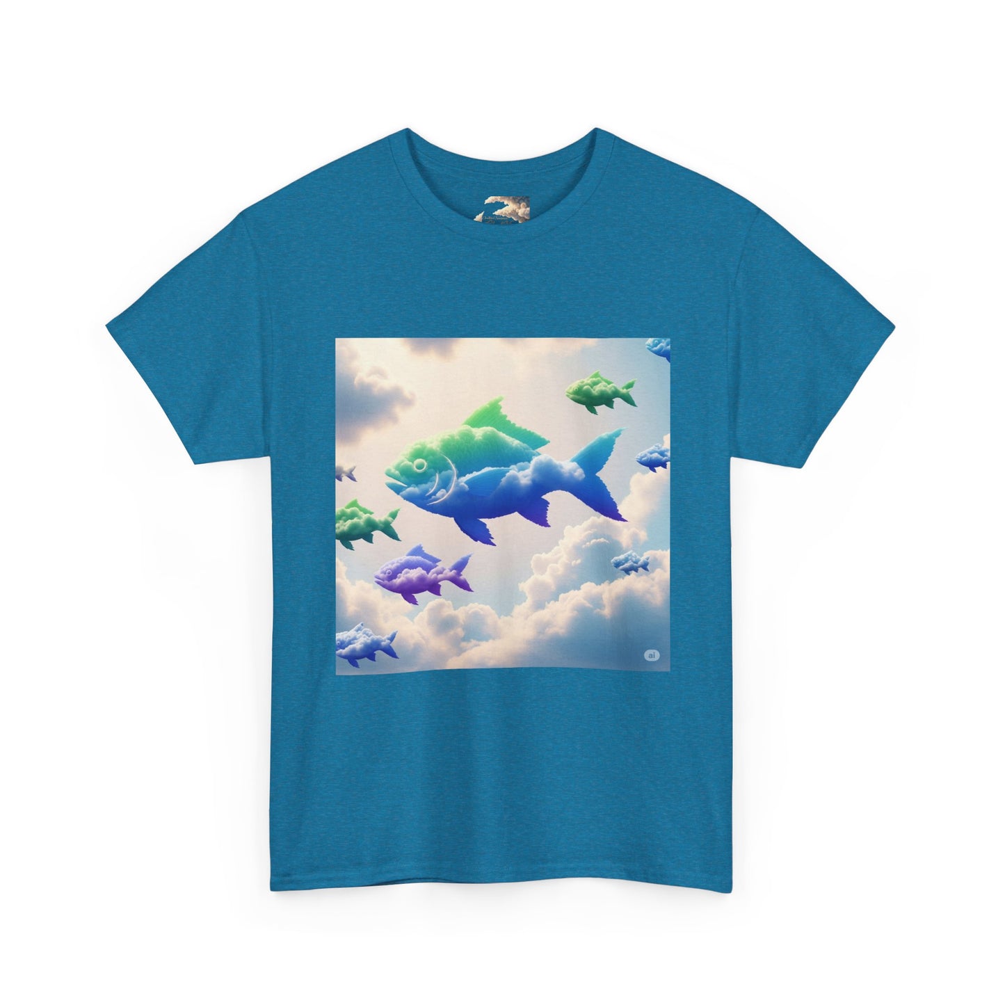 Colorful Fish Clouds Unisex Heavy Cotton Tee, Casual Shirt, Summer Apparel, Gift for Ocean Lovers, Trendy Fishing T-Shirt
