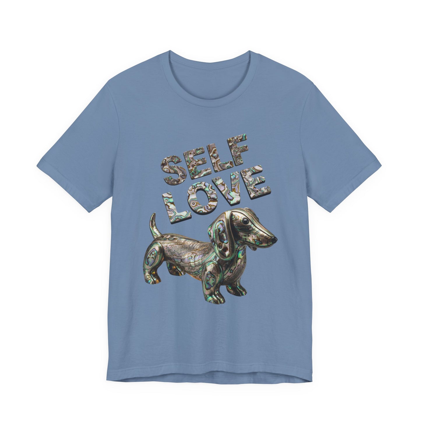Self Love Abalone Dachshund Tee, Unisex Jersey Short Sleeve Dog Shirt, Pet Lover Gift, Self-Acceptance Outfit, Casual Wear, Positive Affirmation Tee