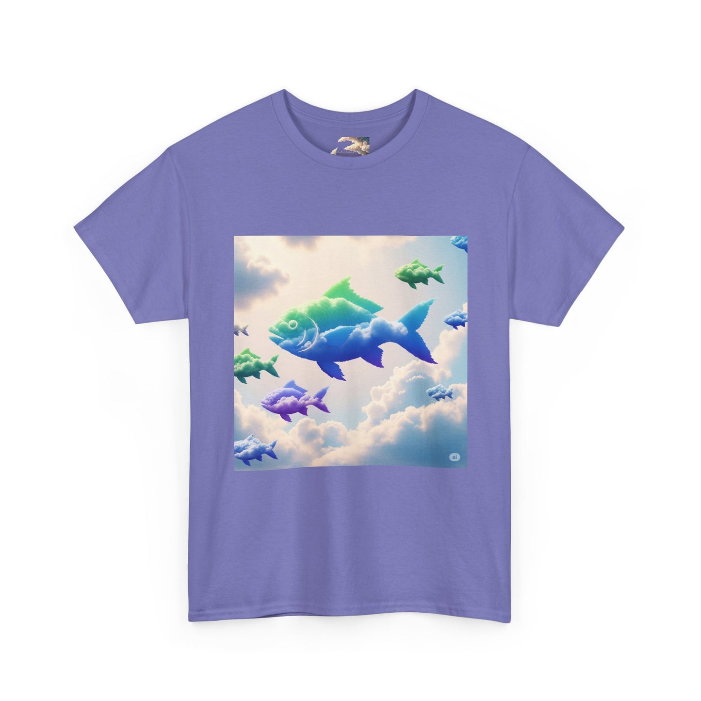 Colorful Fish Clouds Unisex Heavy Cotton Tee, Casual Shirt, Summer Apparel, Gift for Ocean Lovers, Trendy Fishing T-Shirt