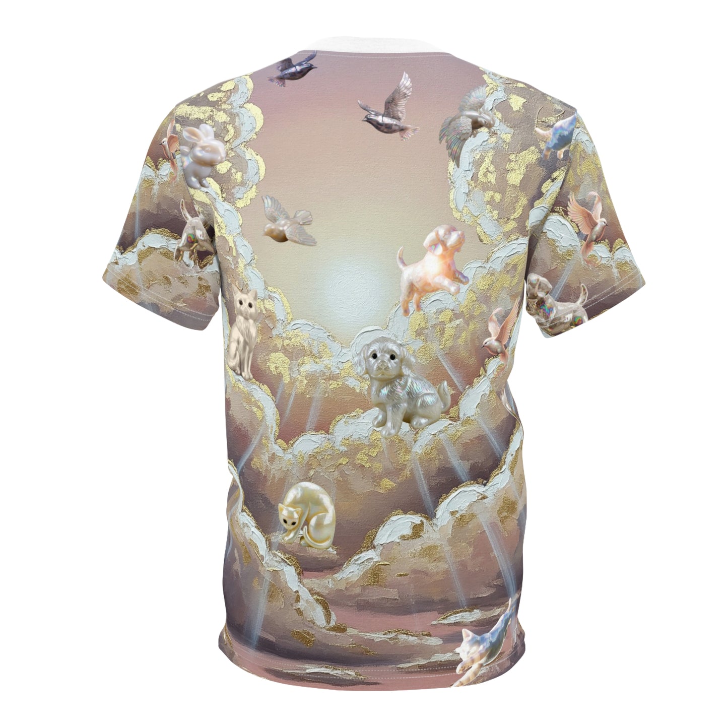 Mother of Pearl Kitties and Puppies in Paradise, Champagne Colored Sunset Unisex Tee, Wedding Honeymoon Tee, Cute Animal Print T-Shirt, Casual Top, Gift for Pet Lovers, Dreamy Nature Shirt