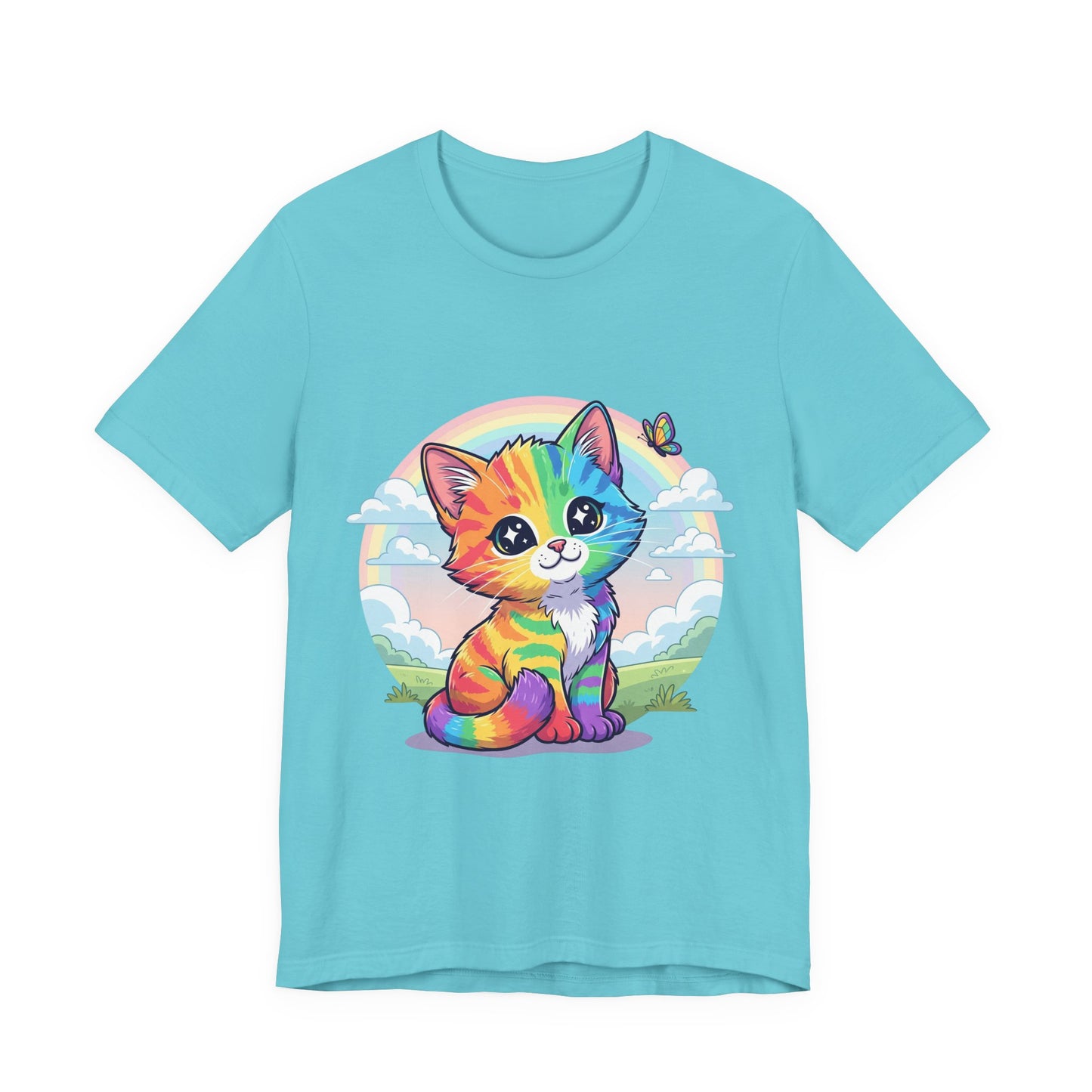 Rainbow Cat Short Sleeve Tee - Fun, Playful, Vibrant, Perfect Gift for Cat Lovers, Birthday Party, Casual Wear, Summer Style