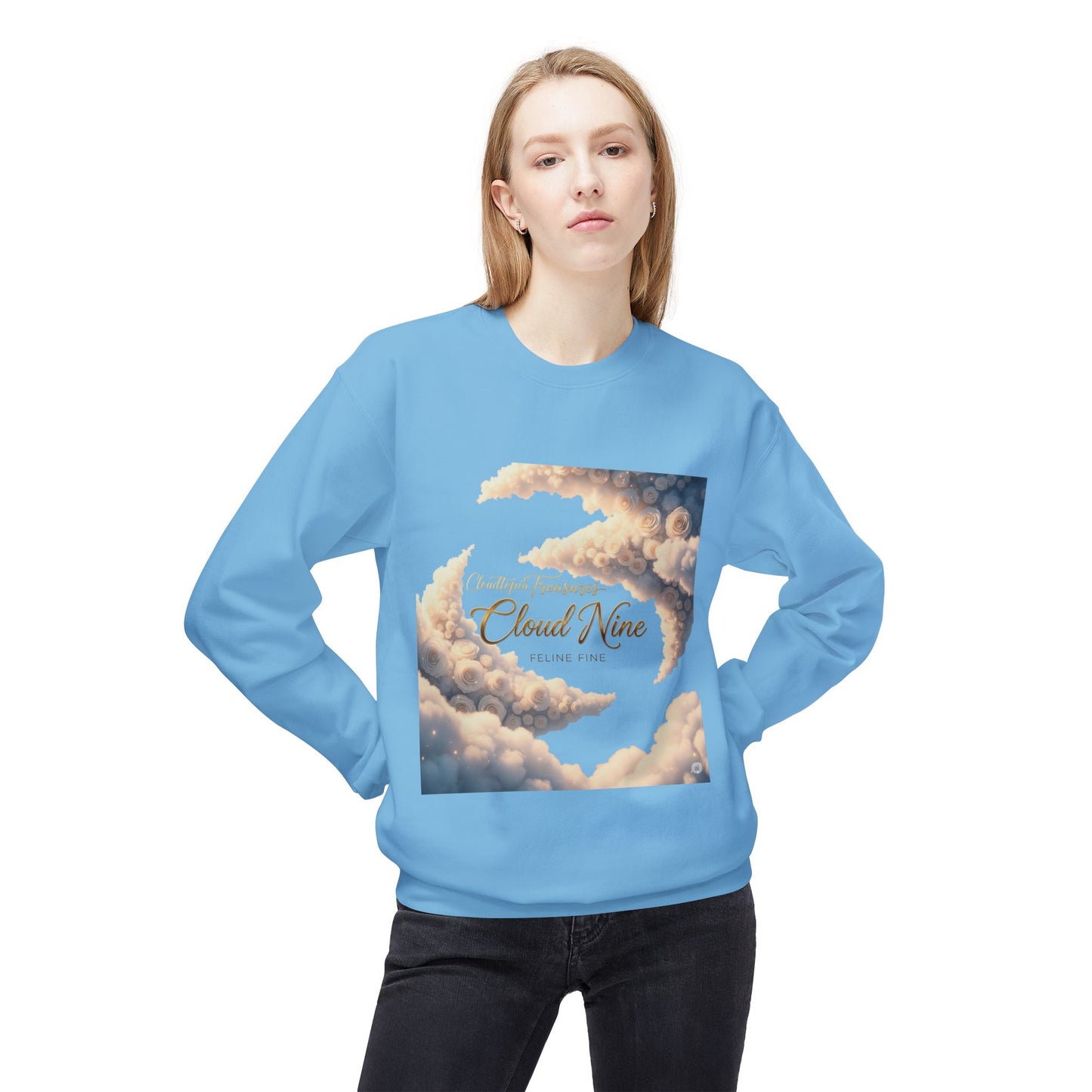 “Cloud Nine” Unisex Midweight Fleece Sweatshirt, Cozy Crewneck, Casual Apparel, Gift for Her/Him, Unique Cloud Design, Softstyle Top