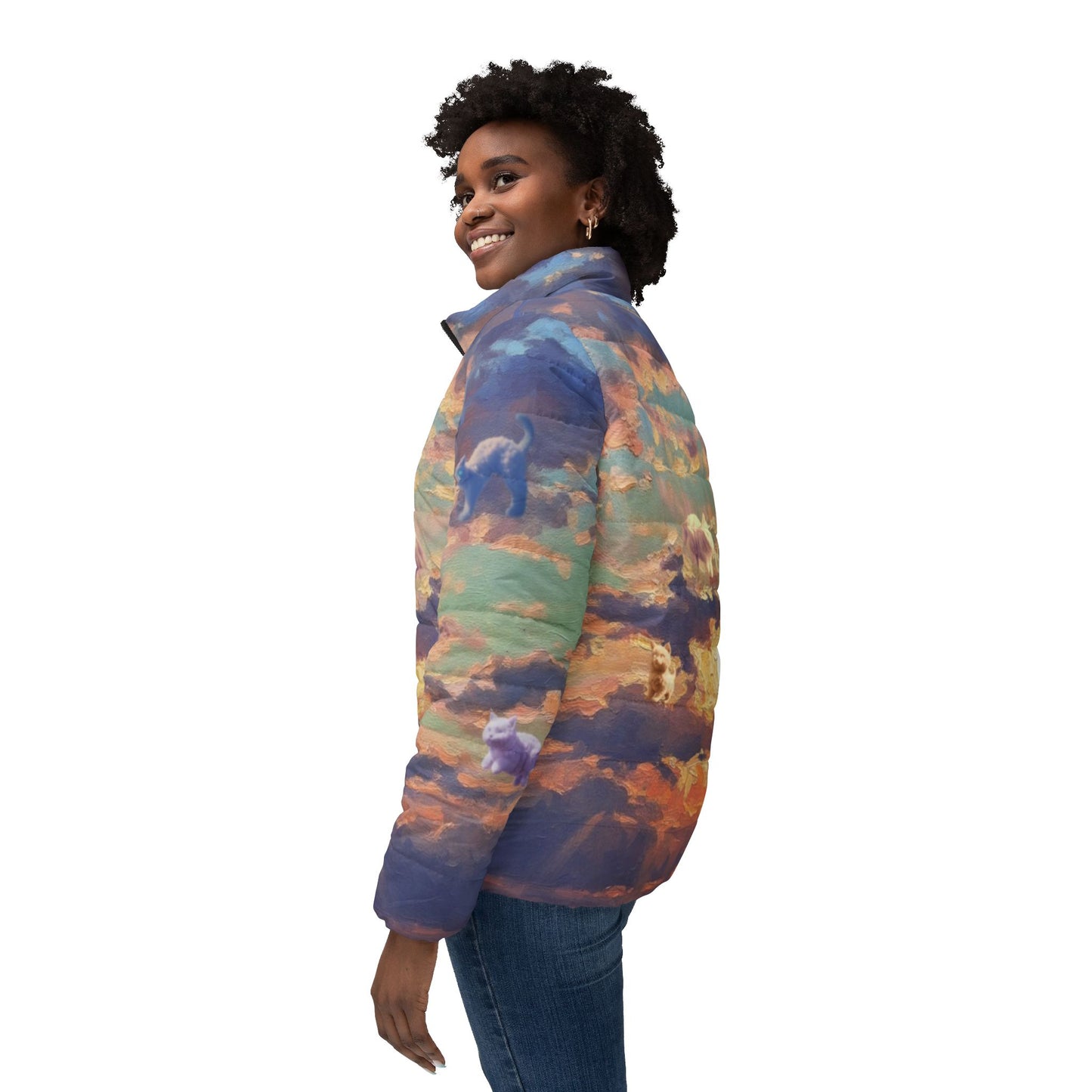 Sunset Sky Puffer Jacket — Women's All-Over Cloud Print