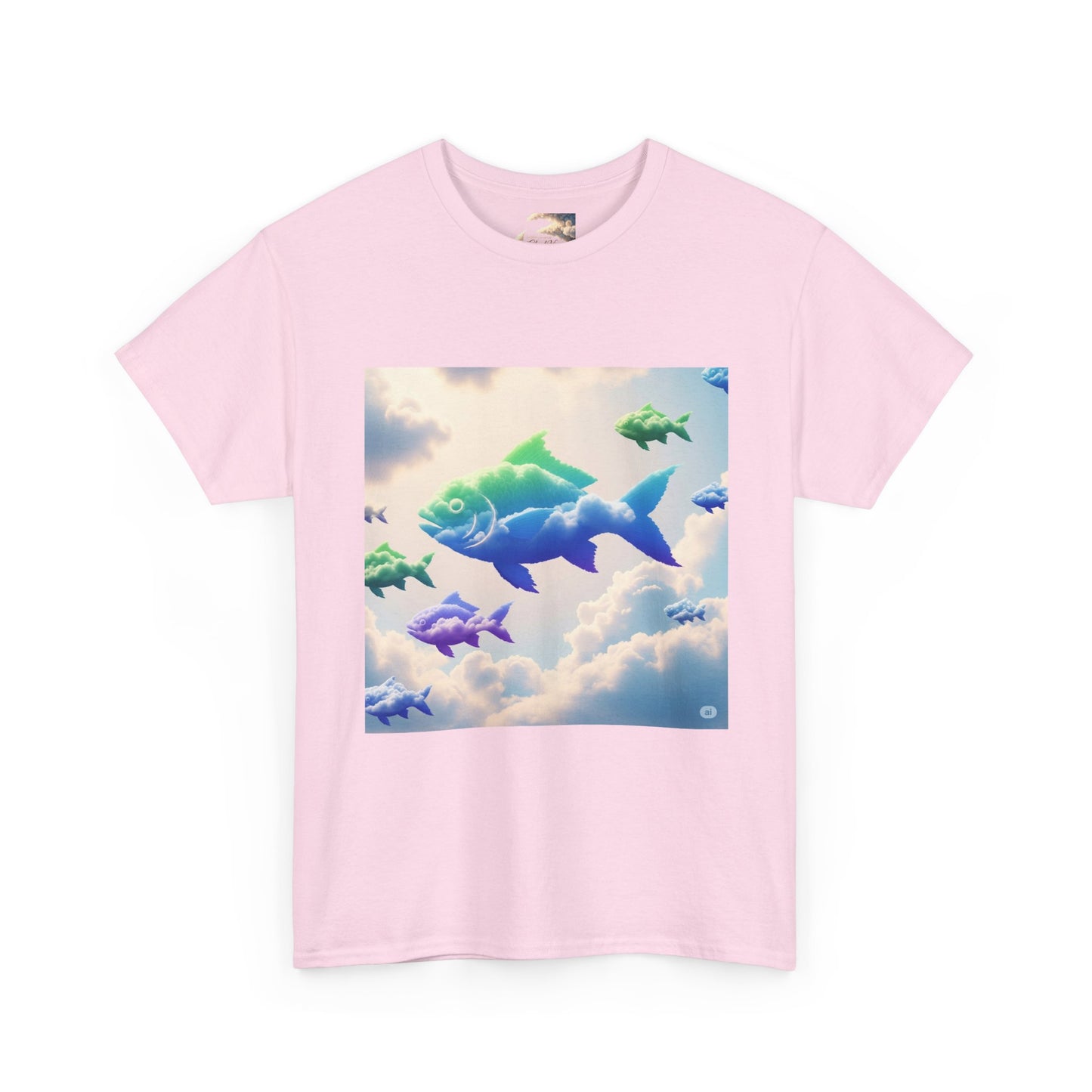 Colorful Fish Clouds Unisex Heavy Cotton Tee, Casual Shirt, Summer Apparel, Gift for Ocean Lovers, Trendy Fishing T-Shirt
