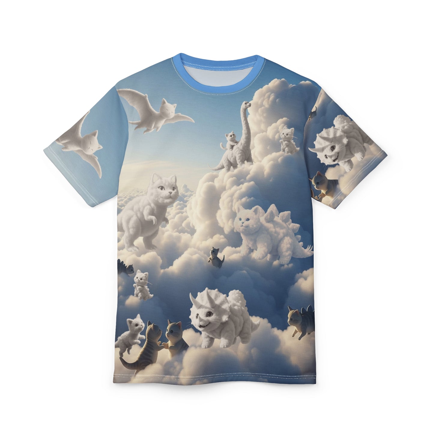 Kitty Saur Cloud Wonderland, Dino Kitty Cloudtopia Unisex Tee | Cute Animal Graphics | Unique Gift for Cat Lovers | Fun Casual Wear | Birthday Gift | Everyday Fashion | AOP Design