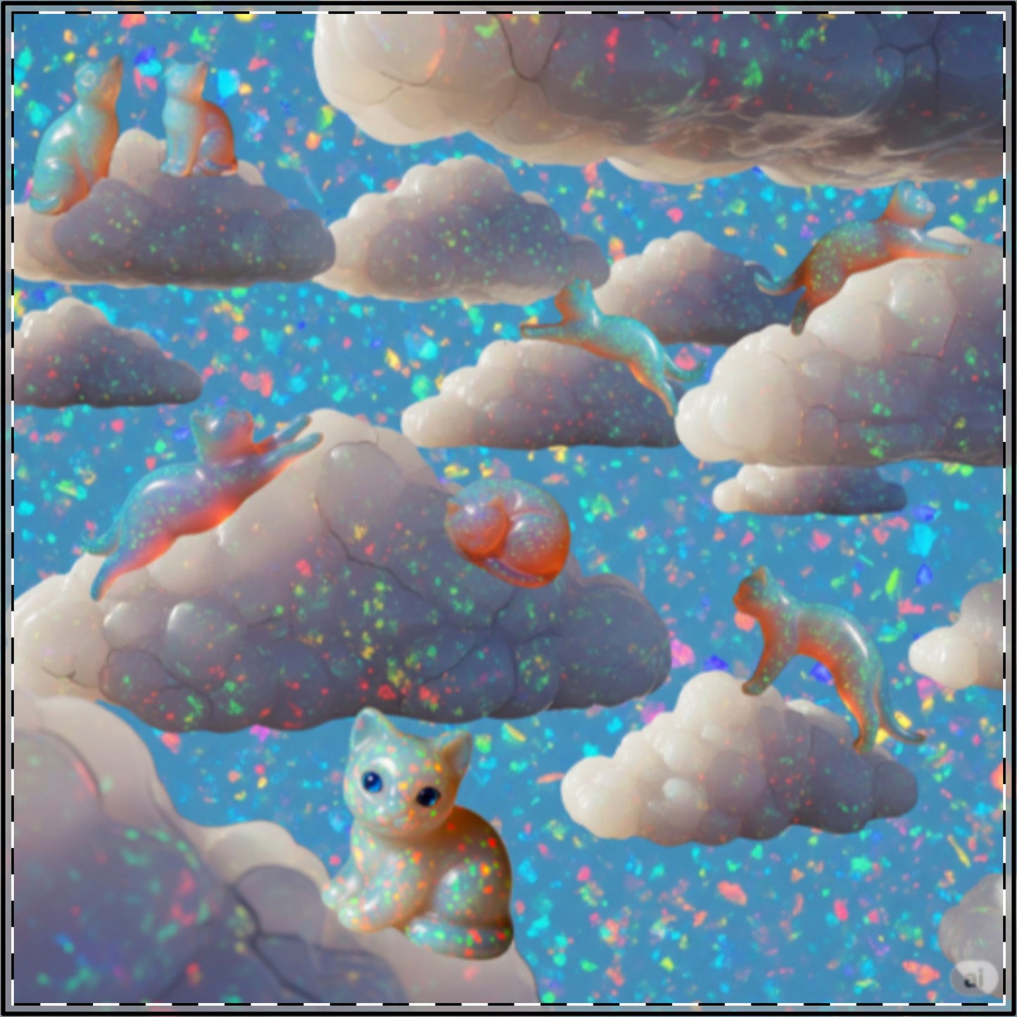 Opalesia Kitty Wonderland in Cloudtopia, Sparkly Whimsical Kitty Art, Kitties in the Opal Clouds, Gift for Cat Lovers