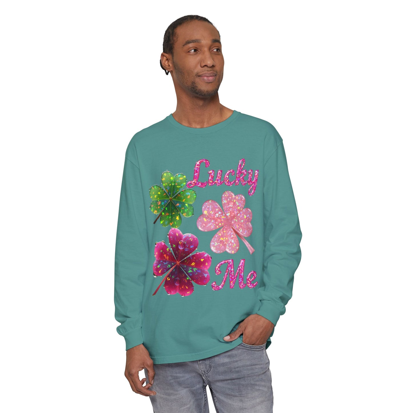 Lucky Me Long Sleeve Tee — Sparkling Four-Leaf Clover St. Patrick’s Shirt