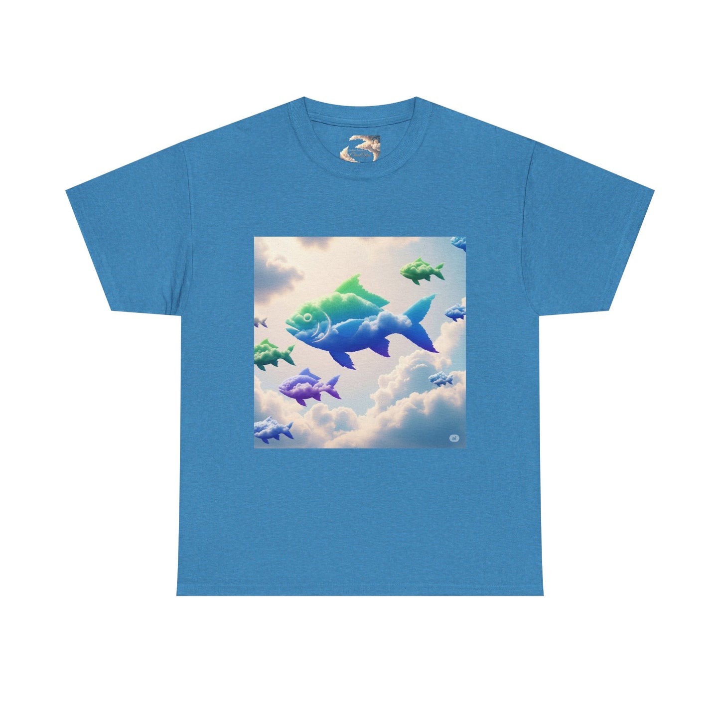 Colorful Fish Clouds Unisex Heavy Cotton Tee, Casual Shirt, Summer Apparel, Gift for Ocean Lovers, Trendy Fishing T-Shirt
