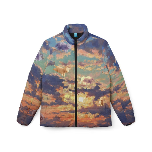 Sunset Sky Puffer Jacket — Women's All-Over Cloud Print