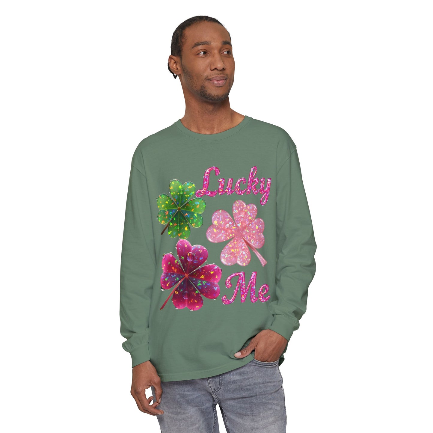 Lucky Me Long Sleeve Tee — Sparkling Four-Leaf Clover St. Patrick’s Shirt