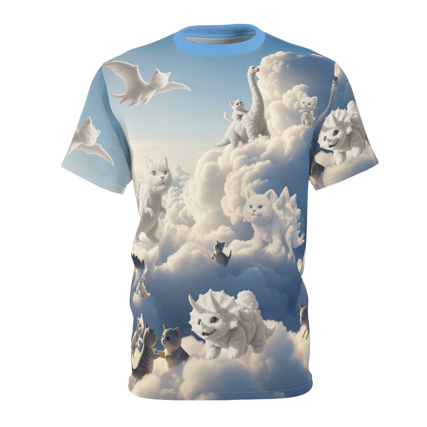 Kitty Saur Cloud Wonderland, Dino Kitty Cloudtopia Unisex Tee | Cute Animal Graphics | Unique Gift for Cat Lovers | Fun Casual Wear | Birthday Gift | Everyday Fashion | AOP Design