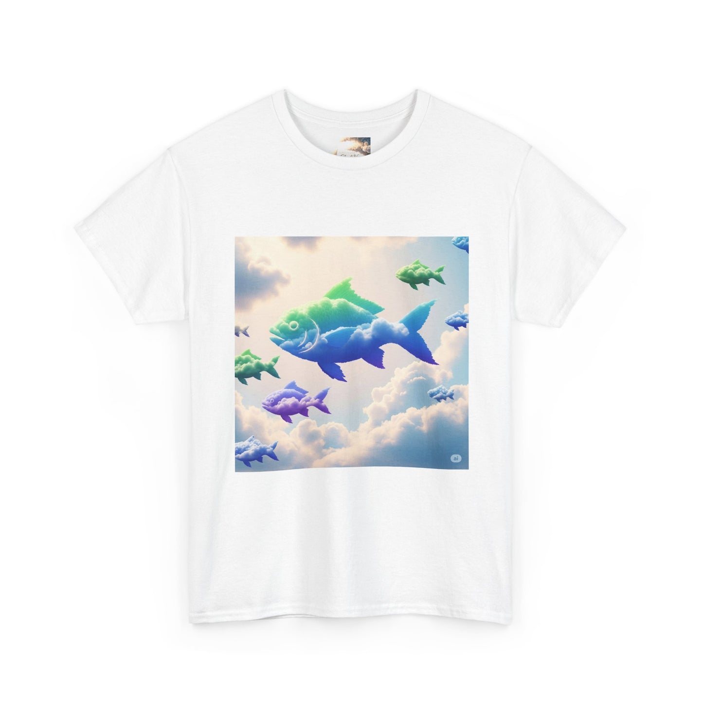 Colorful Fish Clouds Unisex Heavy Cotton Tee, Casual Shirt, Summer Apparel, Gift for Ocean Lovers, Trendy Fishing T-Shirt