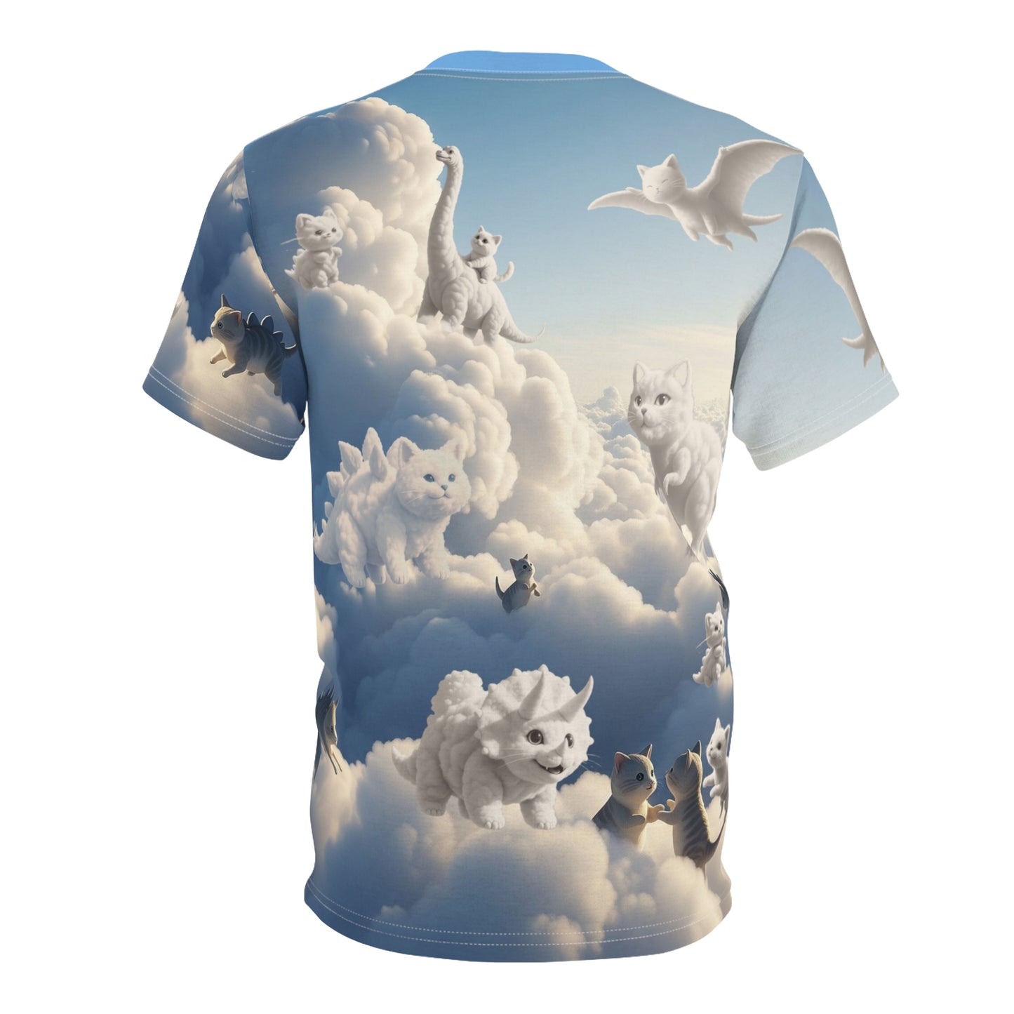 Kitty Saur Cloud Wonderland, Dino Kitty Cloudtopia Unisex Tee | Cute Animal Graphics | Unique Gift for Cat Lovers | Fun Casual Wear | Birthday Gift | Everyday Fashion | AOP Design