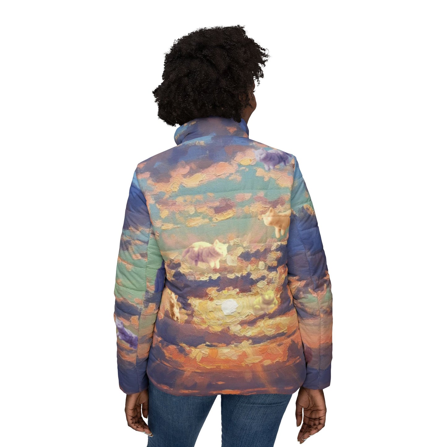 Sunset Sky Puffer Jacket — Women's All-Over Cloud Print
