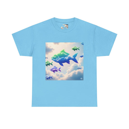 Colorful Fish Clouds Unisex Heavy Cotton Tee, Casual Shirt, Summer Apparel, Gift for Ocean Lovers, Trendy Fishing T-Shirt